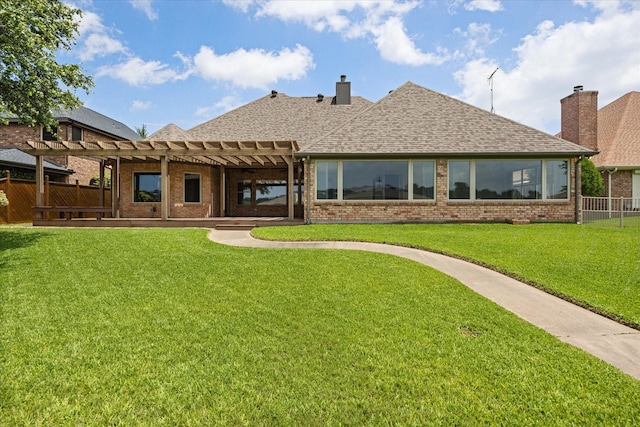 2318 River Rd, Granbury, TX 76048 - back of property with a pergola, brick siding, a shingled roof, and a chimney