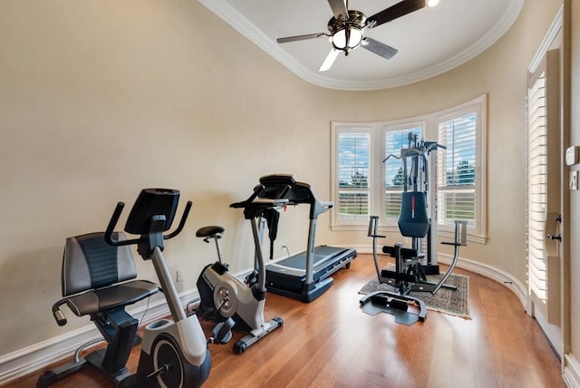 1751 Bison Meadow Ln, Heath, TX 75032 - workout area with ornamental molding, a ceiling fan, wood finished floors, and baseboards