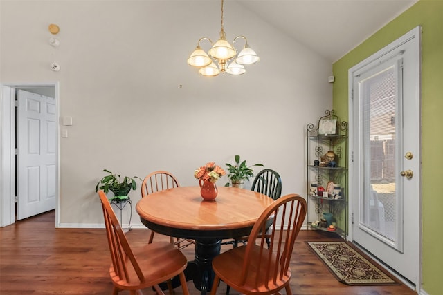 408 Autumn Park Park, Fort Worth, TX 76140 - dining room with wood finished floors, vaulted ceiling, a chandelier, and baseboards