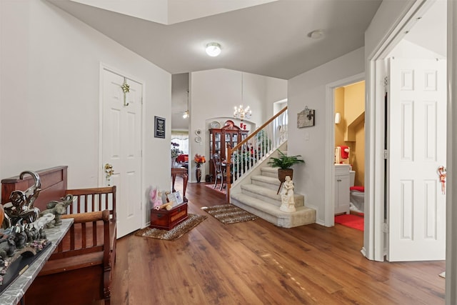 408 Autumn Park Park, Fort Worth, TX 76140 - foyer with wood finished floors, a chandelier, and stairs