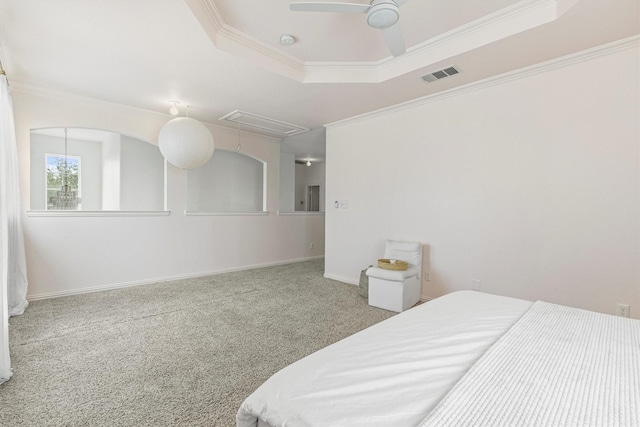 16012 Alvarado Dr, Prosper, TX 75078 - carpeted bedroom with attic access, crown molding, a raised ceiling, baseboards, and ceiling fan