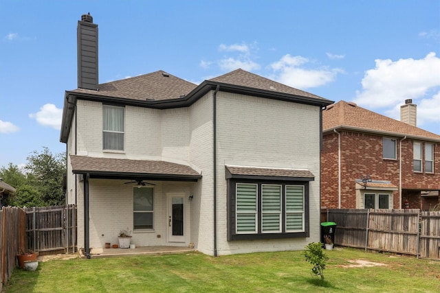 16012 Alvarado Dr, Prosper, TX 75078 - rear view of property with ceiling fan, brick siding, a chimney, a patio, and a shingled roof