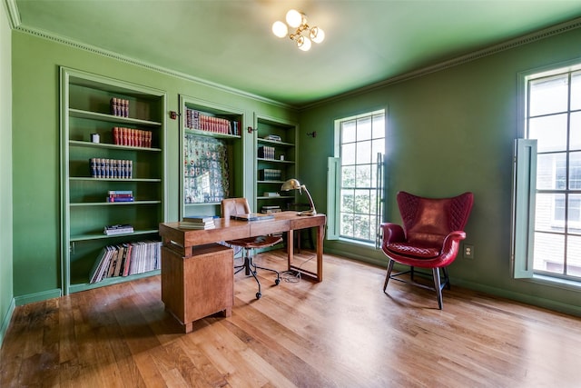 4306 Buena Vista St Unit 106F, Dallas, TX 75205 - office area featuring wood finished floors, ornamental molding, healthy amount of natural light, built in shelves, and baseboards