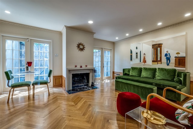 4306 Buena Vista St Unit 106F, Dallas, TX 75205 - living room featuring crown molding, a wainscoted wall, recessed lighting, and a fireplace with flush hearth