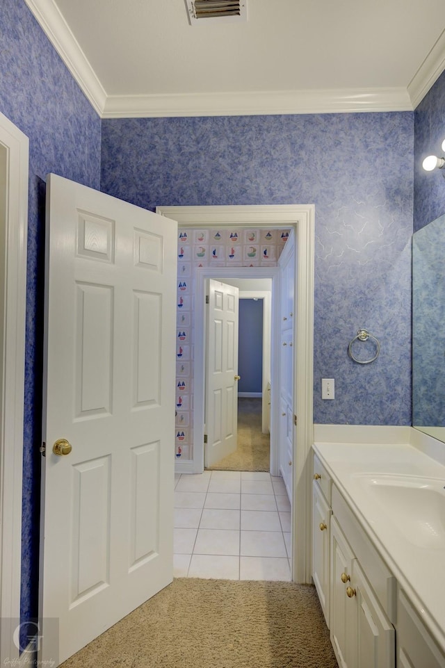 510 Weavers Way, Bossier City, LA 71111 - bathroom featuring ornamental molding, wallpapered walls, vanity, and tile patterned floors