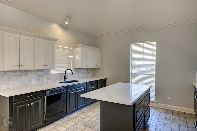 510 Weavers Way, Bossier City, LA 71111 - kitchen featuring black dishwasher, a sink, white cabinetry, backsplash, and stone tile floors