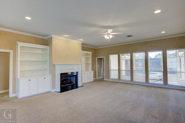 510 Weavers Way, Bossier City, LA 71111 - unfurnished living room with ceiling fan, light carpet, a fireplace with flush hearth, built in shelves, and recessed lighting