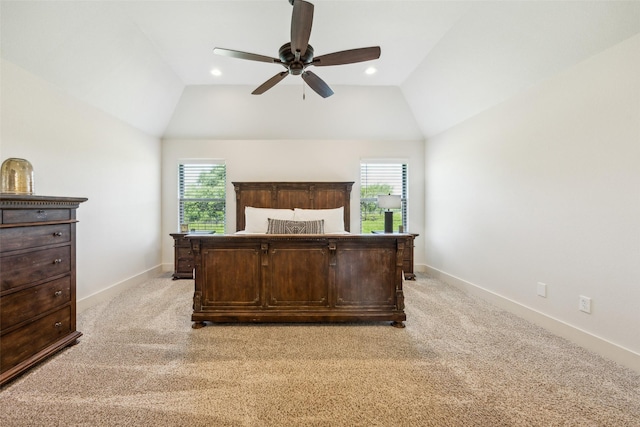1308 Green Ridge Rd, Weatherford, TX 76085 - bedroom with multiple windows, vaulted ceiling, light carpet, baseboards, and recessed lighting