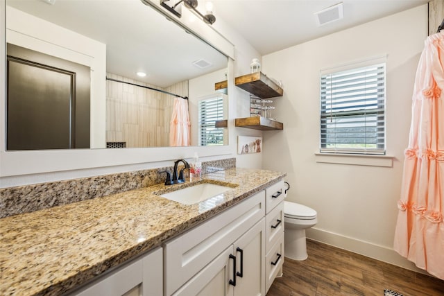 1308 Green Ridge Rd, Weatherford, TX 76085 - bathroom featuring baseboards, vanity, wood finished floors, toilet, and curtained shower