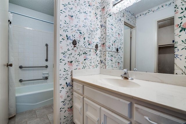 1916 Cobblestone Ln, Garland, TX 75042 - full bathroom featuring vanity, shower / bath combo, a textured ceiling, and wallpapered walls
