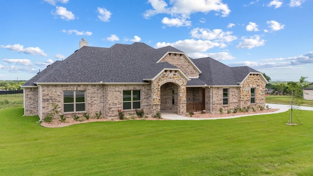 411 Solo Ridge Dr, Waxahachie, TX 75167 - french country inspired facade with a front yard, brick siding, a chimney, and roof with shingles