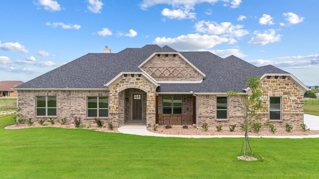 411 Solo Ridge Dr, Waxahachie, TX 75167 - french country home featuring a front lawn, roof with shingles, brick siding, a chimney, and stone siding