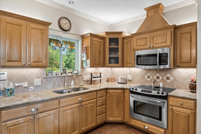 10040 Fm 17, Grand Saline, TX 75140 - kitchen featuring stainless steel appliances, a sink, light stone countertops, glass insert cabinets, and decorative backsplash