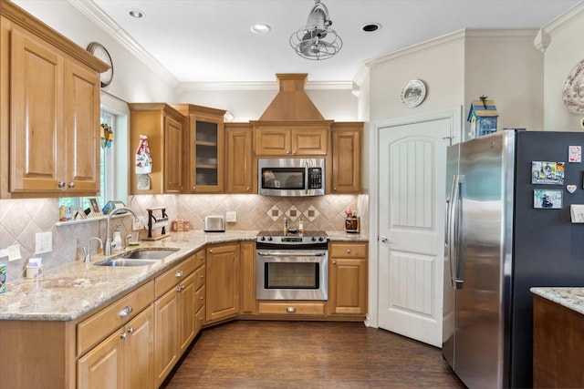10040 Fm 17, Grand Saline, TX 75140 - kitchen featuring stainless steel appliances, a sink, light stone countertops, dark wood-type flooring, and glass insert cabinets