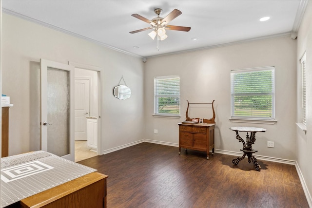 10040 Fm 17, Grand Saline, TX 75140 - office featuring wood finished floors, ornamental molding, a ceiling fan, baseboards, and recessed lighting