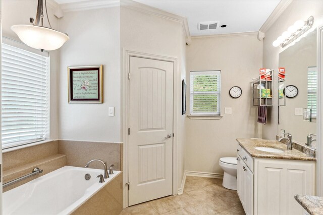 10040 Fm 17, Grand Saline, TX 75140 - bathroom with vanity, ornamental molding, a bath, toilet, and tile patterned flooring