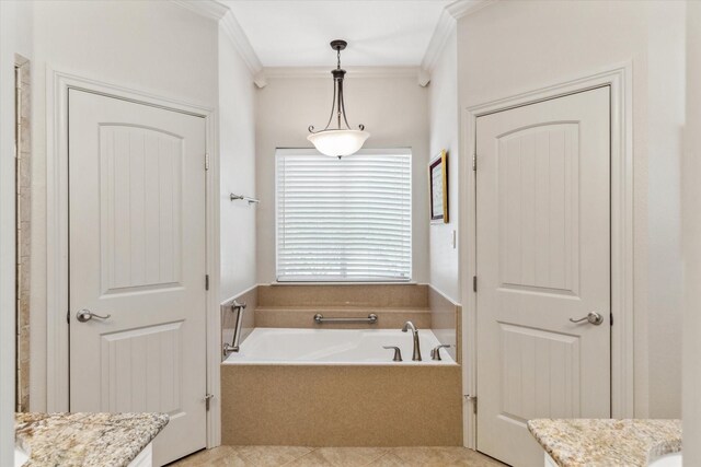 10040 Fm 17, Grand Saline, TX 75140 - full bath with vanity, a garden tub, ornamental molding, and tile patterned flooring