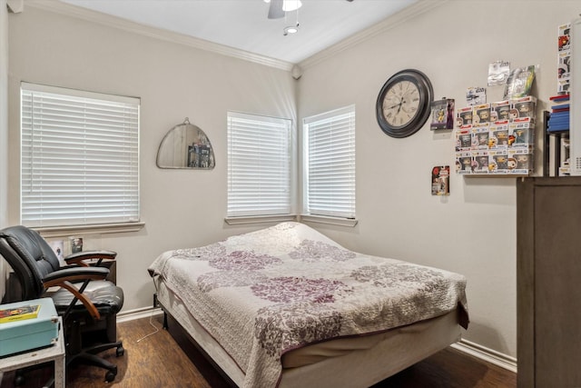 10040 Fm 17, Grand Saline, TX 75140 - bedroom with ornamental molding, dark wood-type flooring, baseboards, an office area, and ceiling fan