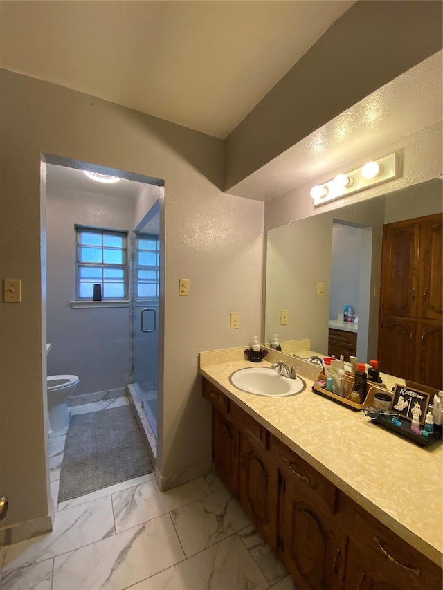 1203 Springbrook Cir, Desoto, TX 75115 - bathroom with marble finish flooring, a stall shower, vanity, toilet, and baseboards