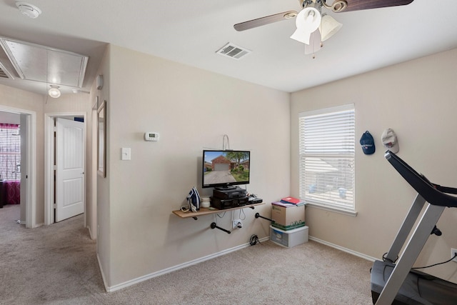 1213 Alder Tree Ln, Royse City, TX 75189 - workout area with attic access, carpet floors, a ceiling fan, and baseboards