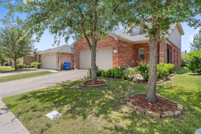 1213 Alder Tree Ln, Royse City, TX 75189 - view of front of property with a garage, brick siding, driveway, a front lawn, and roof with shingles