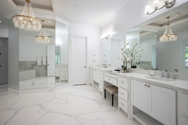 2415 Amberleaf Ct, Cedar Hill, TX 75104 - bathroom featuring a chandelier, double vanity, a bath, ornamental molding, and marble finish flooring