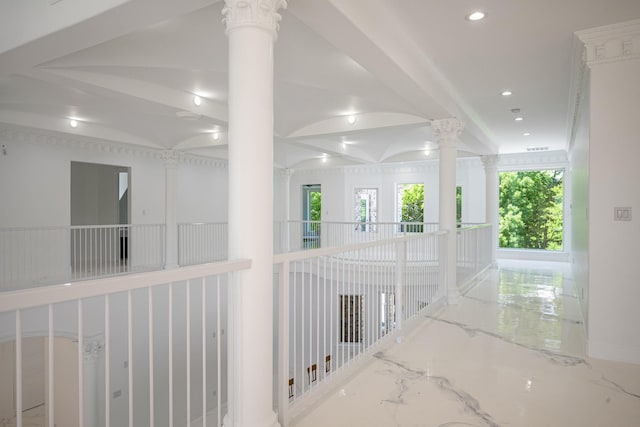 2415 Amberleaf Ct, Cedar Hill, TX 75104 - hall featuring decorative columns, recessed lighting, and marble tiled flooring
