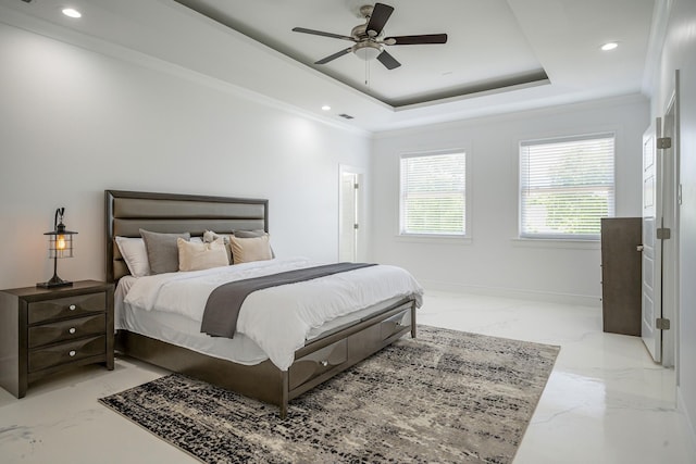 2415 Amberleaf Ct, Cedar Hill, TX 75104 - bedroom with crown molding, light marble finish flooring, recessed lighting, a raised ceiling, and a ceiling fan