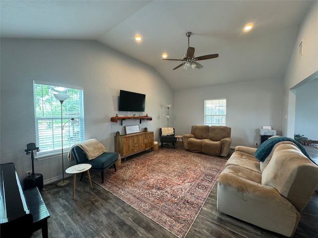 706 Jefferson Ave, Cisco, TX 76437 - living area with vaulted ceiling, wood finished floors, a ceiling fan, baseboards, and recessed lighting