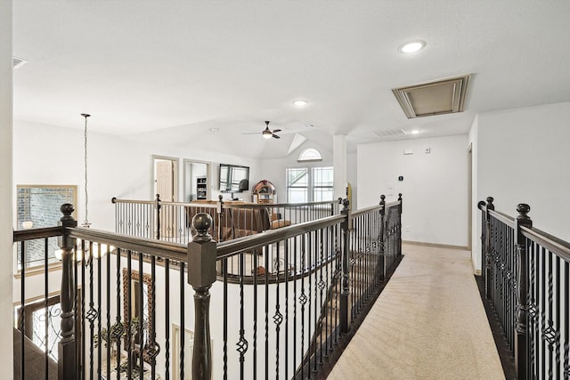 6015 Liverpool St, Celina, TX 76227 - corridor featuring attic access, an upstairs landing, carpet floors, recessed lighting, and lofted ceiling