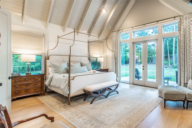 5620 Copper Park, Tyler, TX 75703 - bedroom featuring hardwood / wood-style flooring, high vaulted ceiling, access to exterior, wood ceiling with exposed beams, and french doors