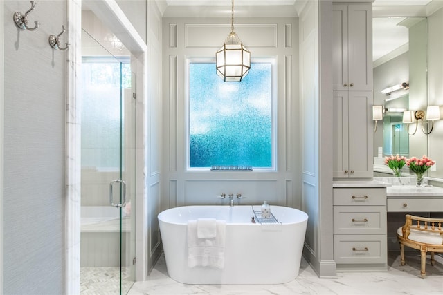 5620 Copper Park, Tyler, TX 75703 - full bath featuring marble look tiles, a stall shower, a soaking tub, vanity, and a decorative wall
