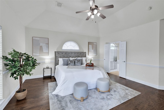 8620 Thistle Ridge Ter, Fort Worth, TX 76123 - bedroom with wood finished floors, baseboards, a ceiling fan, and lofted ceiling