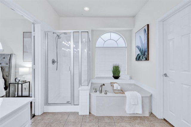 8620 Thistle Ridge Ter, Fort Worth, TX 76123 - bathroom featuring a stall shower, a bath, vanity, and tile patterned floors