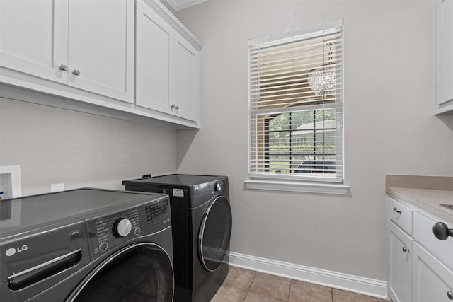 1424 Keeneland Hill Dr, Aledo, TX 76008 - laundry room with cabinet space, washing machine and clothes dryer, baseboards, and light tile patterned floors