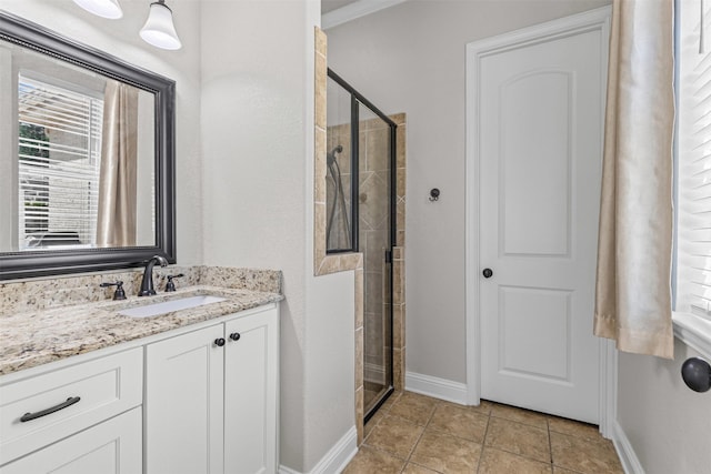 1424 Keeneland Hill Dr, Aledo, TX 76008 - full bath featuring a stall shower, baseboards, vanity, and tile patterned flooring