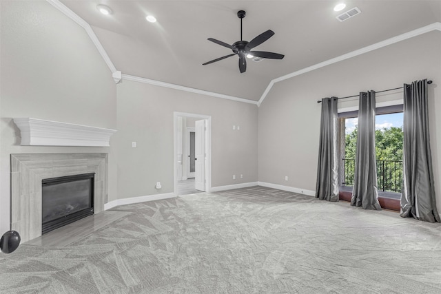 1424 Keeneland Hill Dr, Aledo, TX 76008 - unfurnished living room with vaulted ceiling, crown molding, ceiling fan, carpet floors, and baseboards