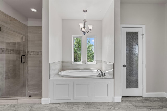 1424 Keeneland Hill Dr, Aledo, TX 76008 - full bath with a stall shower, a bath, a chandelier, and baseboards