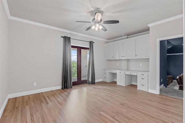 1424 Keeneland Hill Dr, Aledo, TX 76008 - unfurnished office with built in desk, a ceiling fan, light wood-style flooring, baseboards, and ornamental molding