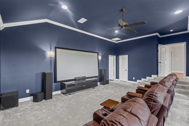 1424 Keeneland Hill Dr, Aledo, TX 76008 - home theater with carpet, a ceiling fan, baseboards, vaulted ceiling, and ornamental molding