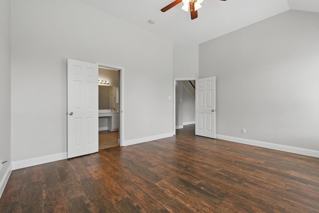 6808 Edgefield Dr, Denton, TX 76210 - unfurnished bedroom with wood finished floors, high vaulted ceiling, baseboards, ensuite bath, and a ceiling fan