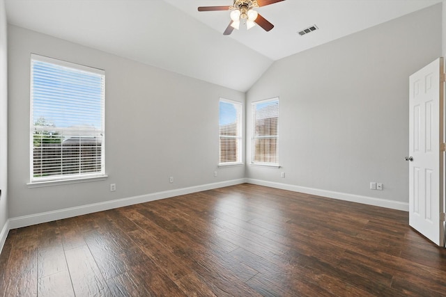 6808 Edgefield Dr, Denton, TX 76210 - unfurnished room with vaulted ceiling, a ceiling fan, dark wood-style floors, and baseboards