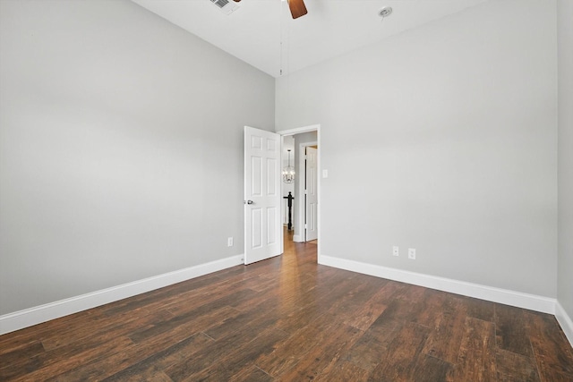 6808 Edgefield Dr, Denton, TX 76210 - empty room with ceiling fan, baseboards, high vaulted ceiling, and wood finished floors