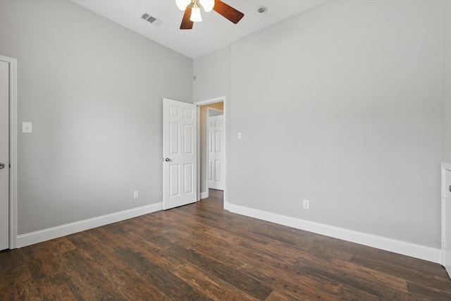 6808 Edgefield Dr, Denton, TX 76210 - empty room with high vaulted ceiling, a ceiling fan, baseboards, and wood finished floors