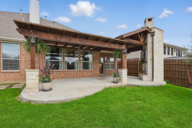 6808 Edgefield Dr, Denton, TX 76210 - rear view of house featuring a patio, a chimney, brick siding, and a pergola
