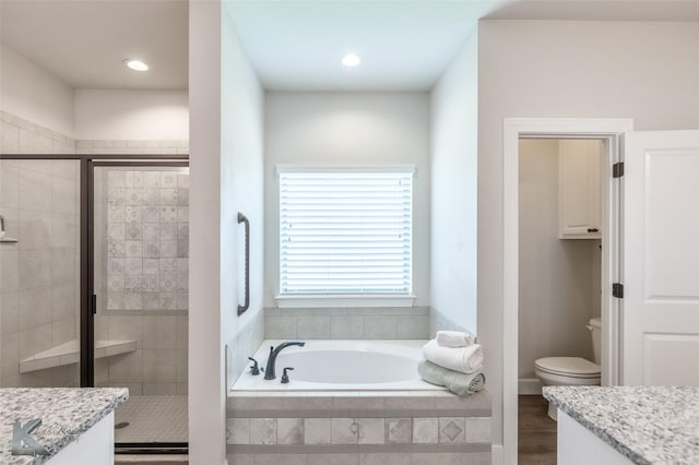 2326 Plymouth Rock Rd, Abilene, TX 79601 - full bath featuring a bath, toilet, a shower stall, vanity, and recessed lighting