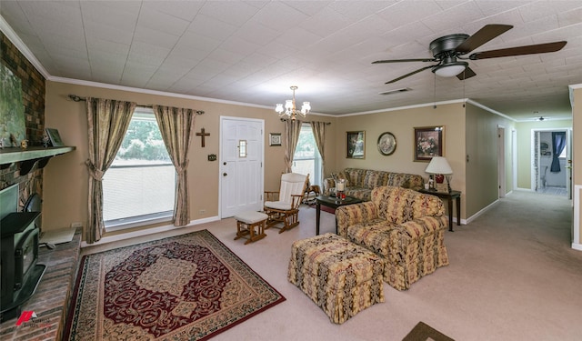 255 Barry Rd, Logansport, LA 71049 - living room with carpet, crown molding, ceiling fan, plenty of natural light, and a chandelier