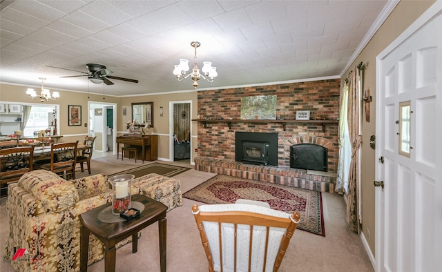 255 Barry Rd, Logansport, LA 71049 - carpeted living room featuring a chandelier, crown molding, and ceiling fan