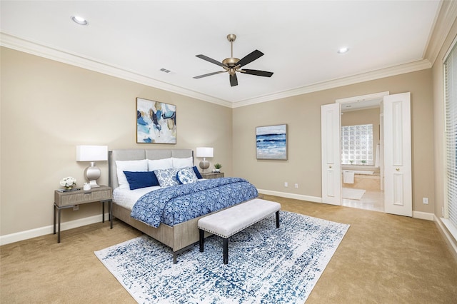 5115 Oak Tree Cir, Dallas, TX 75287 - carpeted bedroom with ornamental molding, baseboards, ensuite bath, a ceiling fan, and recessed lighting