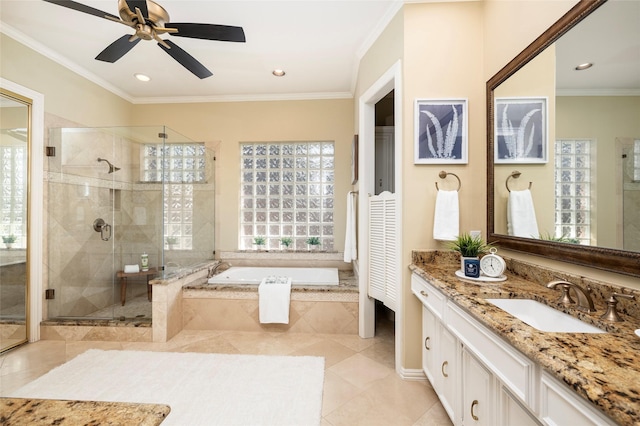 5115 Oak Tree Cir, Dallas, TX 75287 - full bath with a garden tub, vanity, a stall shower, tile patterned flooring, and crown molding
